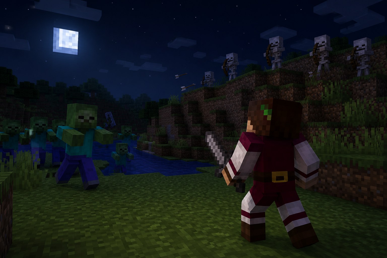 First night at spawn — zombies and skeletons